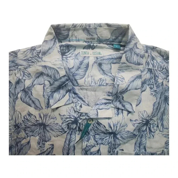 Tenth Ocean Mens Blue White Floral Linen Blend Button Up Shirt US Size Large - Picture 6 of 11
